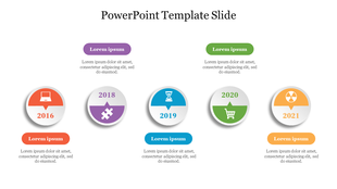 Timeline PowerPoint slide with icons representing events from 2016 to 2021, each with placeholder text.