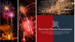 New Year template with three images of celebrations and fireworks alongside a central title in a red and blue background.