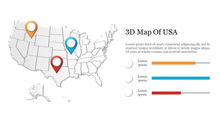 3D map of the USA with three location markers in orange, blue, and red, accompanied by three horizontal bar charts.