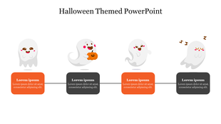 Four halloween themed ghost characters with varying expressions, each linked to orange and black text boxes below.