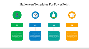 Halloween template showing a witch hat, skull, gravestone, and ghost above matching text sections numbered 01 to 04.