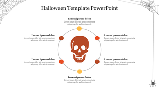 Halloween slide featuring a central red skull surrounded by six colored dots in a circular layout with spider web corners.