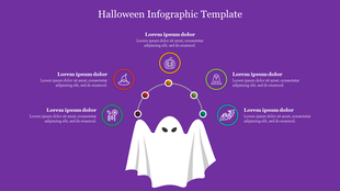 Halloween themed infographic PowerPoint template featuring a ghost and colorful icons on purple theme symbols.