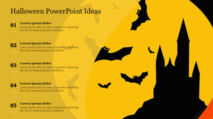 Halloween themed PowerPoint slide with numbered ideas, a castle silhouette, and flying bats set against a yellow background.
