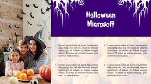 Halloween template with festive family photo, decorative bat and pumpkins, and placeholder text under a spooky purple header.