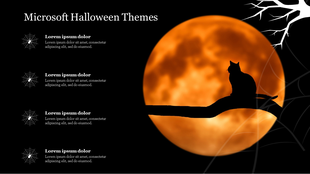 Microsoft Halloween slide with a silhouette of a cat on a branch against a large orange moon, with spider webs and text.