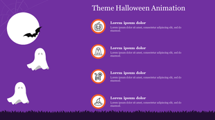 Slide design with Halloween illustrations including a pumpkin, ghost, candy, and witch hat icons aligned vertically with text.