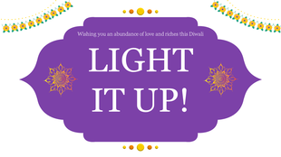 Diwali themed PowerPoint slide with a purple background and floral accents, featuring the message on a white theme.