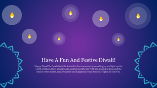 Diwali greeting on a purple backdrop with seven stylized diya flames and ornamental corner patterns in teal.