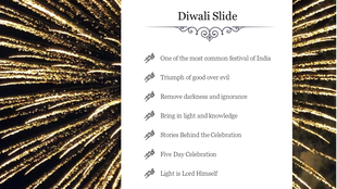 Festive Diwali slide featuring a golden firework background and bullet points describing the significance and stories.