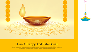 Diwali slide with a decorative oil lamp, floral patterns on the floor, and hanging marigold flowers, on a yellow backdrop.