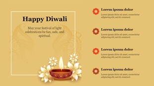 Diwali greeting template with a lit diya at the bottom left and four caption placeholders on the right.