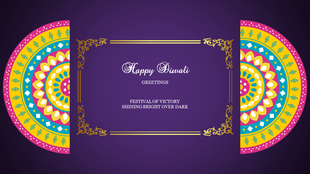 Diwali greeting slide with vibrant mandala designs on both sides and the message in elegant font on a purple backdrop.
