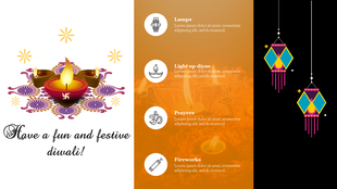 Diwali greeting card with an intricate rangoli pattern, four icons and text, and colorful hanging lanterns on the right.