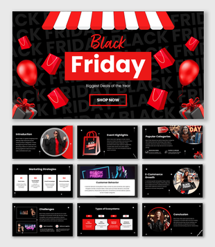 Black Friday Slides with black red theme, shopping bags, balloons, gift boxes, and clean text layout design.