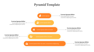 Flat pyramid design featuring wide-to-narrow horizontal bands, each segment containing an icon and arrow linked caption.