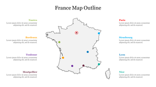 Map of France highlighting major cities with colored markers and text boxes, including Paris, Bordeaux, and Nice.