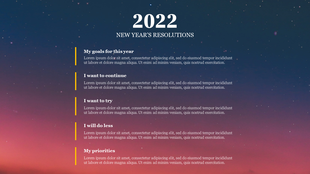 New Year resolutions list for 2022 with five goal categories against a gradient sky background with stars.