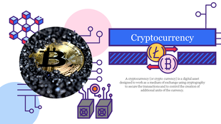 PowerPoint slide showcasing a colorful bitcoin image with a cryptocurrency definition and abstract design elements.