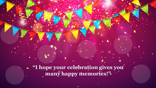 Happy birthday theme slide with colorful party flags hanging across a vibrant purple background with confetti and lights.