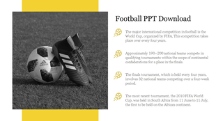 Football-themed slide with a black-and-white image of a ball and boot, alongside text about the FIFA world cup.
