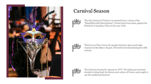 Carnival-themed slide featuring a vibrant mask and text explaining the origins and revival of the Carnival of Venice.