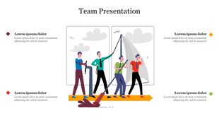 Teamwork-themed slide displaying individuals operating a ship's equipment, paired with placeholders text areas for content.
