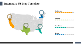 US map with state markers in orange, green, teal, and blue, showing corresponding color coded progress bars.