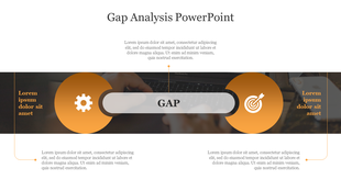 Gap analysis PowerPoint slide with a central section with two text and icons representing a gear and target.