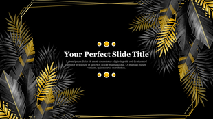 Slide with black and gold palm leaves framing a title area, featuring a bold, centered text box with placeholder.