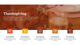 Slide design for Thanksgiving with a large turkey image and row of five icons below, each paired with placeholder text.