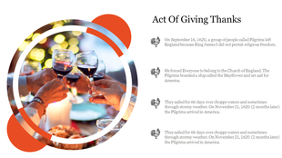 Thanksgiving slide with an image of clinking wine glasses within a circular border, and four text areas on the right.