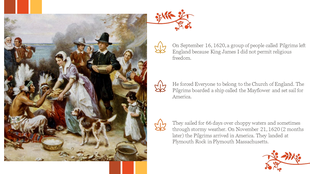 Thanksgiving-themed slide with historical imagery of Pilgrims and Native Americans, and text about the Pilgrims.