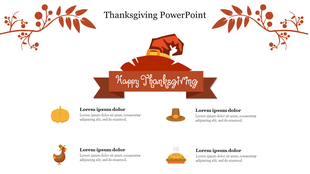 Slide celebrating Thanksgiving with autumn themed decorations and festive symbols like a pumpkin, turkey, and pilgrim hat.