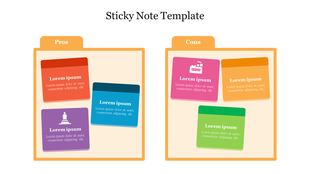 Slide featuring a sticky note template, displaying sections for pros and cons with colorful sticky notes with text.