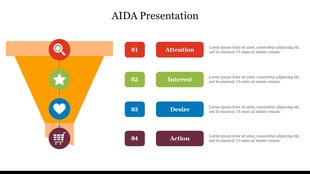 Illustrated funnel showing the AIDA marketing framework, with four stages highlighted and described alongside.
