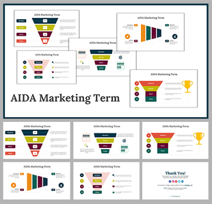 AIDA marketing model slides illustrate stages like Attention, Interest, Desire, and Action using colorful infographics.