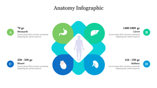 Diamond shaped teal background with four organ icons in green and blue circles around a central human anatomy figure.