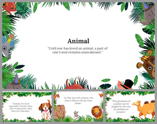 Jungle themed slide deck with illustrated animals peeking through green leaves, featuring quotes at the center.