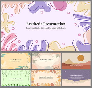 Aesthetic slide designs with soft colors, abstract patterns, nature elements, and minimalist layouts.