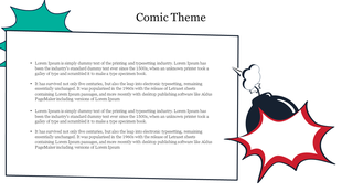 Comic style template with text in a box, surrounded by speech bubbles and explosion graphics in red and green.