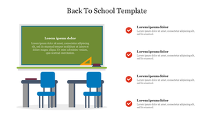 Illustration of a classroom with a chalkboard and desk chairs, with four checkmark icons aligned vertically on the right.
