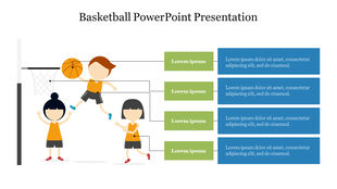 Slide featuring three animated basketball players with a basketball hoop and four text boxes for captions on the right side.