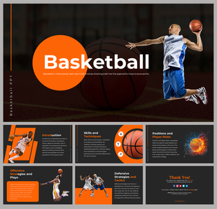 A pack of basketball slides featuring a player dunking with orange and black themes and various text sections.