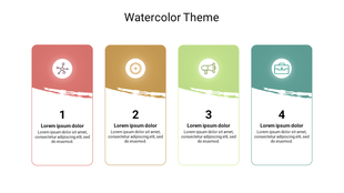 Watercolor-themed slide design featuring four cards with rounded edges, each with a unique color, icons in the center.