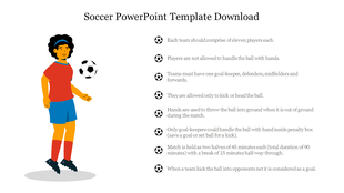 Soccer template featuring a female player in red and blue uniform, with a set of soccer rules listed on the right.