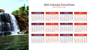 2022 PowerPoint calendar template with a scenic waterfall background, featuring all months and their respective dates.