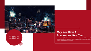 New Year's Eve cityscape with fireworks, red geometric shapes, and a festive 2022 message on a dark background.