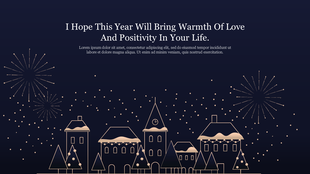 Festive winter landscape with houses, snow, and fireworks, accompanied by a New Year’s message in elegant font.