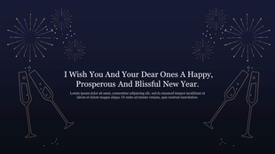 Celebration-themed slide with fireworks and clinking champagne glasses, offering a New Year wish and an caption area.